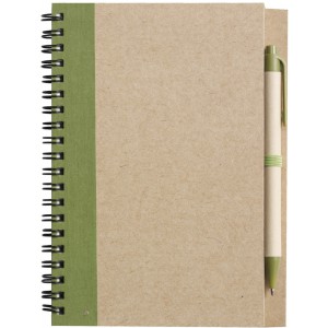 Újrahasznosított spirálfüzet tollal, 60 lapos, zöld/natúr (füzet, notesz)